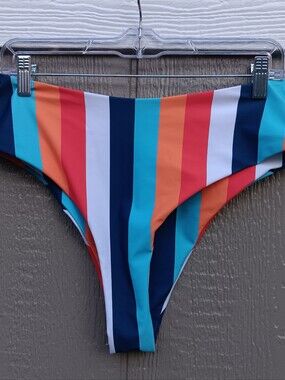 Colorful Striped High-Cut High-Waisted Bikini Swim Bottom Size L